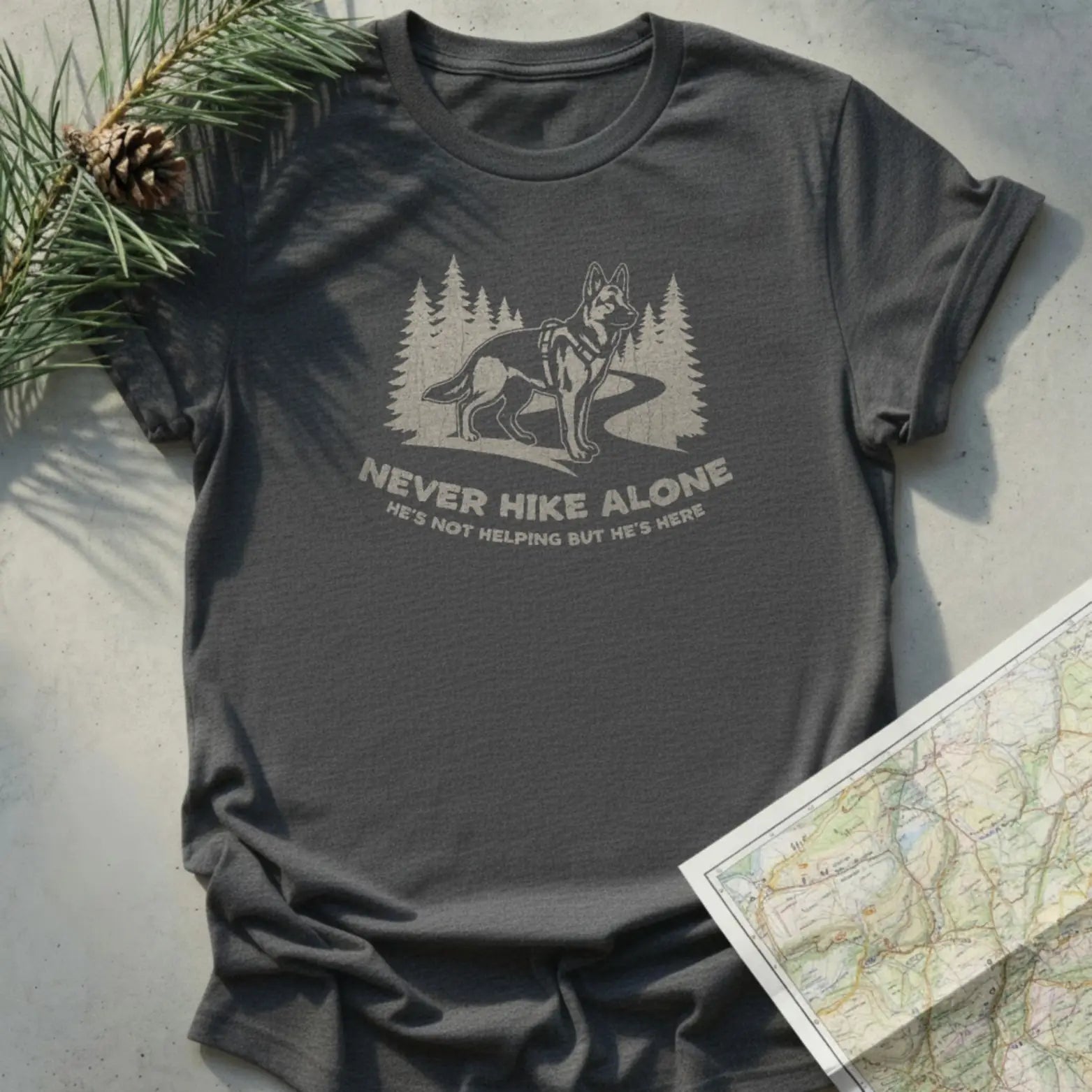 Never Hike Alone, He's Not Helping But He's Here T-Shirt